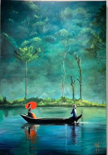 Painting titled "Paysage asiatique" by Mélanie Flamin, Original Artwork, Oil