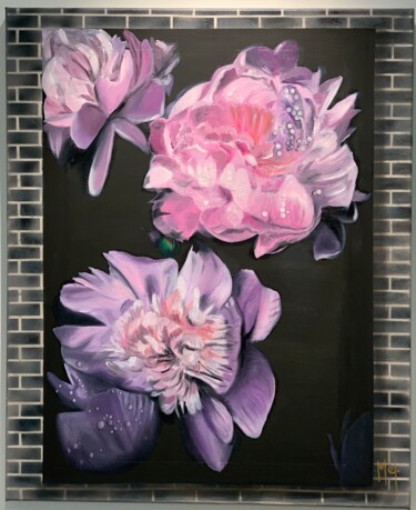 Painting titled "Pivoines" by Mélanie Flamin, Original Artwork, Oil Mounted on Wood Stretcher frame