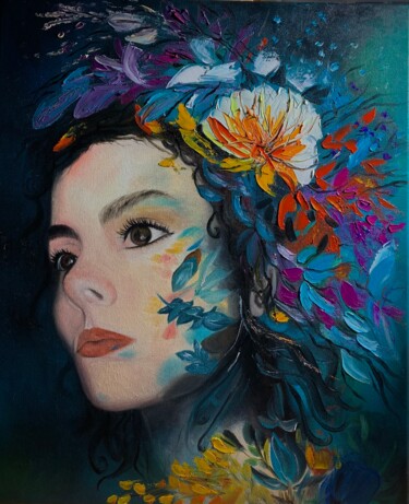 Painting titled "Portrait" by Mélanie Flamin, Original Artwork, Oil Mounted on Wood Stretcher frame