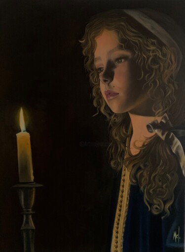 Картина под названием "Portrait à la lueur…" - Mélanie Flamin, Подлинное произведение искусства, Масло Установлен на Деревян…