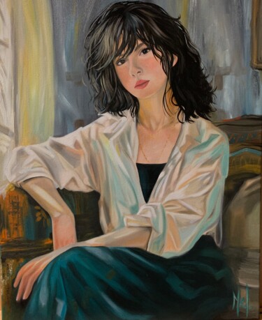 Painting titled "La pose" by Mélanie Flamin, Original Artwork, Oil Mounted on Wood Stretcher frame