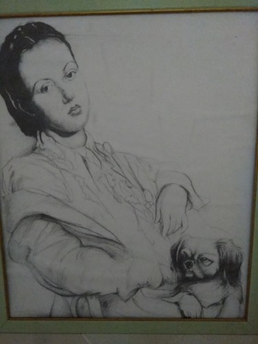 Drawing titled "Woman and dog" by Umut Umelec, Original Artwork, Charcoal