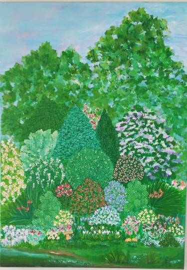 Painting titled "Garden" by Elena Moshchenko, Original Artwork, Acrylic Mounted on Wood Stretcher frame