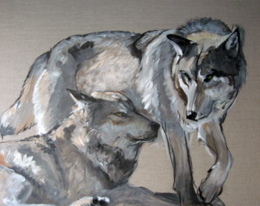 Painting titled "deux loups linen" by Em Bryant, Original Artwork, Acrylic