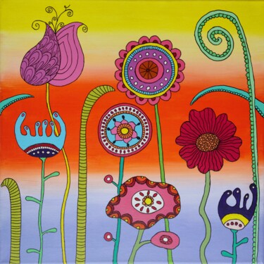 Painting titled "Flowers" by Melinda Vamosi, Original Artwork, Acrylic Mounted on Wood Stretcher frame