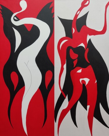 Malarstwo zatytułowany „Angel and devil in…” autorstwa Melinda Vamosi, Oryginalna praca, Akryl Zamontowany na Drewniana rama…