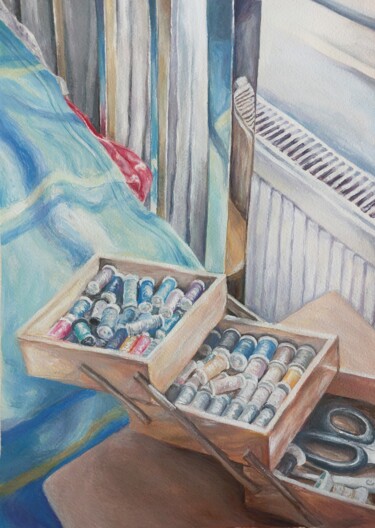 Drawing titled "The Sewing Box" by Melisa Geçalp, Original Artwork, Gouache