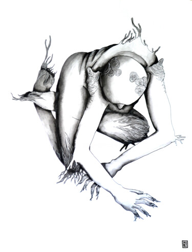 Dessin intitulée "Homo Quercus" par Mélissa Leplus, Œuvre d'art originale, Encre