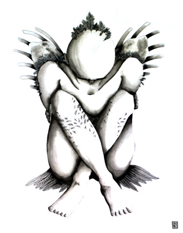 Dessin intitulée "Homo Aves" par Mélissa Leplus, Œuvre d'art originale, Encre