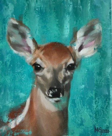 Painting titled "Fawn with Honeysuck…" by Melissa Gee, Original Artwork, Oil Mounted on Cardboard