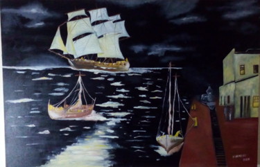 Painting titled "Porto a noite sécul…" by Marcos Henrique Mello, Original Artwork, Oil