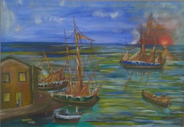 Pittura intitolato "Amanhecer no porto" da Marcos Henrique Mello, Opera d'arte originale, Olio
