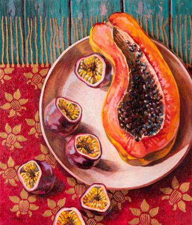 Painting titled "Tropical breakfast.…" by Maria Meltsaeva, Original Artwork, Oil Mounted on Cardboard