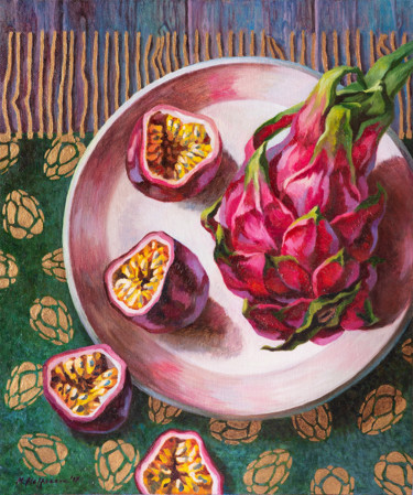 Painting titled "Tropical breakfast.…" by Maria Meltsaeva, Original Artwork, Oil Mounted on Cardboard