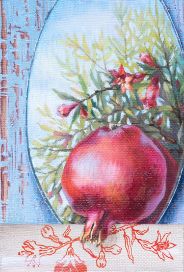 Pittura intitolato "In pomegranate gard…" da Maria Meltsaeva, Opera d'arte originale, Olio Montato su Telaio per barella in…