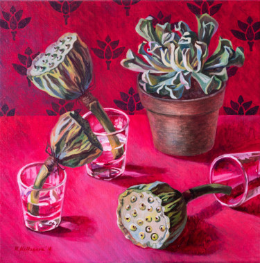 Painting titled "Succulents, lotus s…" by Maria Meltsaeva, Original Artwork, Oil Mounted on Wood Stretcher frame