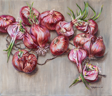 Painting titled "Untied red onions" by Maria Meltsaeva, Original Artwork, Oil Mounted on Wood Stretcher frame