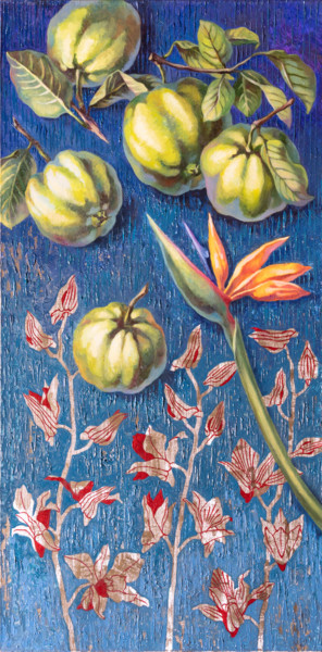 Painting titled "Apples of paradise" by Maria Meltsaeva, Original Artwork, Oil Mounted on Wood Stretcher frame