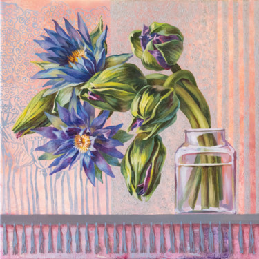 Картина под названием "Blue lotuses" - Maria Meltsaeva, Подлинное произведение искусства, Масло Установлен на Деревянная рам…
