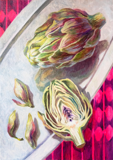 Painting titled "Artichokes on a tray" by Maria Meltsaeva, Original Artwork, Oil