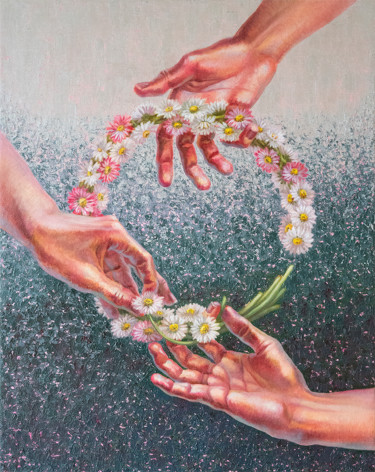 Painting titled "Together. Daisy cro…" by Maria Meltsaeva, Original Artwork, Oil Mounted on Wood Stretcher frame