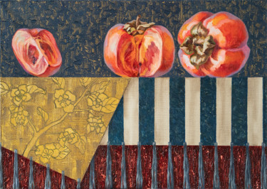 Peinture intitulée "Fuyu persimmon on b…" par Maria Meltsaeva, Œuvre d'art originale, Huile Monté sur Châssis en bois