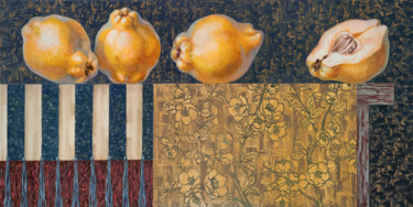 Painting titled "Gold quince on bron…" by Maria Meltsaeva, Original Artwork, Oil Mounted on Wood Stretcher frame