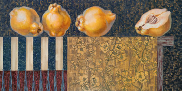 Gold quince on bronze blue background Картина под названием "Gold quince on bron…" - Maria Meltsaeva, Подлинное произведение искусства, Масло Установлен на Подрам…