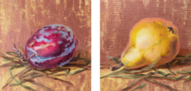 Painting titled "Yellow pear and plu…" by Maria Meltsaeva, Original Artwork, Oil