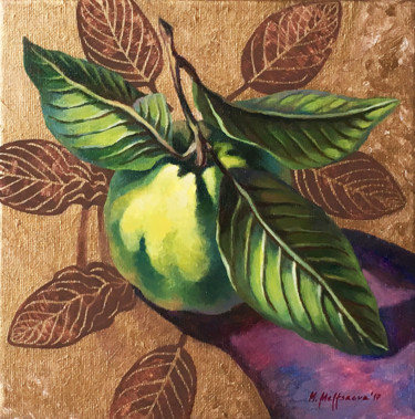 Painting titled "Green guava" by Maria Meltsaeva, Original Artwork, Oil Mounted on Wood Stretcher frame