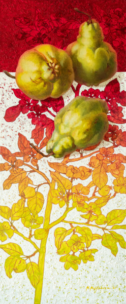Painting titled "Three pears on flow…" by Maria Meltsaeva, Original Artwork, Oil Mounted on Wood Stretcher frame