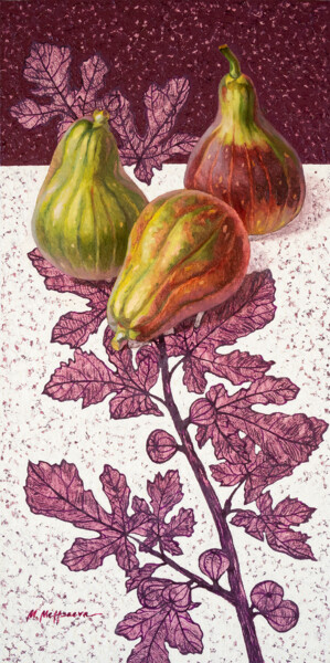 Ζωγραφική με τίτλο "Still life Figs and…" από Maria Meltsaeva, Αυθεντικά έργα τέχνης, Λάδι Τοποθετήθηκε στο Ξύλινο φορείο σκ…