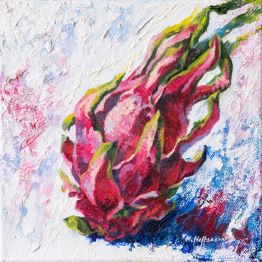 Painting titled "Dragon fruit impasto" by Maria Meltsaeva, Original Artwork, Oil Mounted on Wood Stretcher frame