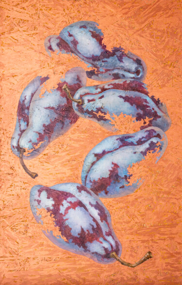 Malerei mit dem Titel "Five plums" von Maria Meltsaeva, Original-Kunstwerk, Öl