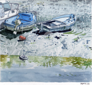 Peinture intitulée "Barques à marée bas…" par Memto, Œuvre d'art originale, Aquarelle