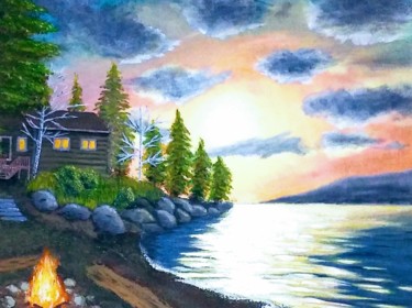 Картина под названием "Lake Cabin" - Mendoza Fine Arts, Подлинное произведение искусства, Акрил