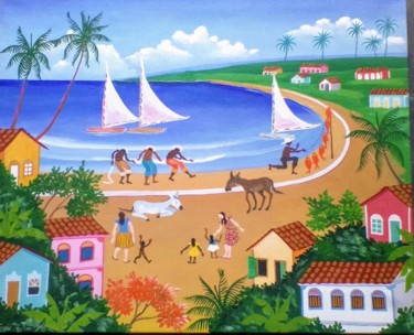 Pintura intitulada "Vila de Pescadores…" por Menezes De Sousa, Obras de arte originais, Acrílico