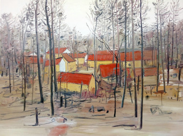 Peinture intitulée "Red House" par Mengmeng Yue, Œuvre d'art originale, Huile