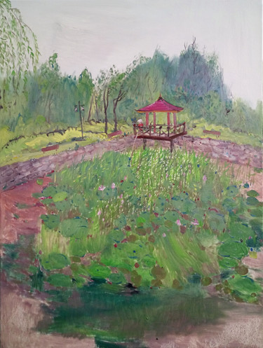 Painting titled "Lotus Pond Fishing" by Mengmeng Yue, Original Artwork, Oil