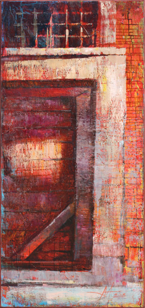 Painting titled "RED DOOR from "LIFE…" by Anatoliy Menkiv, Original Artwork, Oil Mounted on Wood Stretcher frame
