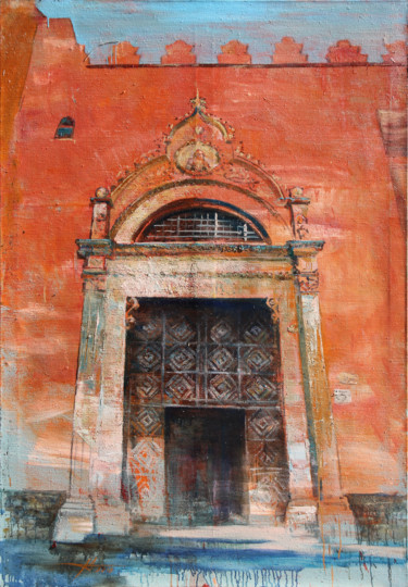 Painting titled "DOOR NUMBER THREE" by Anatoliy Menkiv, Original Artwork, Oil Mounted on Wood Stretcher frame