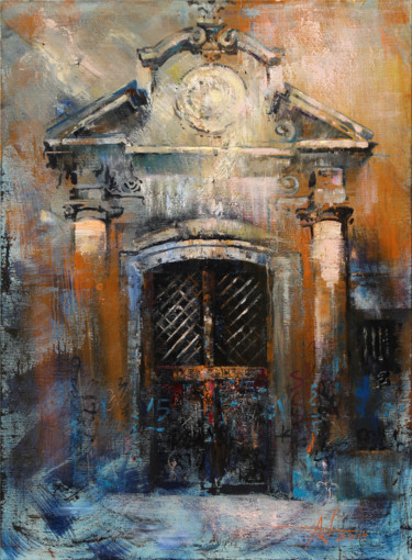 Painting titled "DOOR # FIFTEENTH" by Anatoliy Menkiv, Original Artwork, Oil Mounted on Wood Stretcher frame