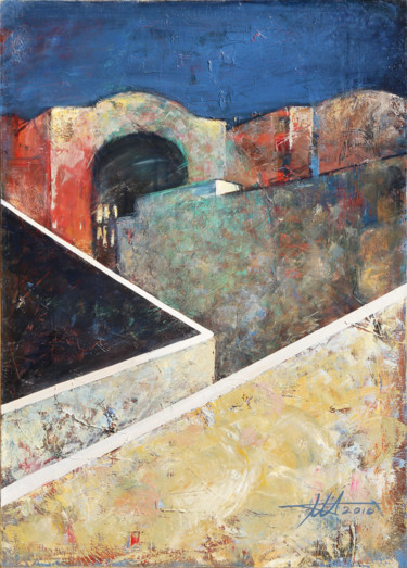 Schilderij getiteld "Tunisia" door Anatoliy Menkiv, Origineel Kunstwerk, Olie Gemonteerd op Frame voor houten brancard