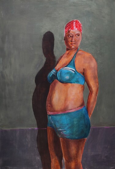 Painting titled "Fat Swim Silhouette" by Mennato Tedesco, Original Artwork, Oil Mounted on Wood Stretcher frame