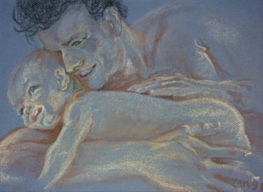 Рисунок под названием "Le père et l'enfant" - Corinne Mercier, Подлинное произведение искусства, Пастель