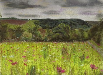 Dessin intitulée "champs de cosmos" par Sylvia Leroy, Œuvre d'art originale, Pastel