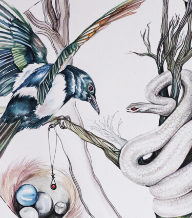 绘画 标题为“magpie & snake - re…” 由Merve Gürlek, 原创艺术品, 水彩