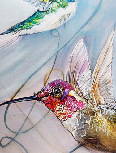 Painting titled "colibri birds" by Merve Gürlek, Original Artwork, Watercolor