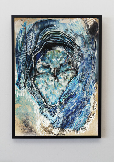 Schilderij getiteld "blue owl" door Merve Gürlek, Origineel Kunstwerk, Olie