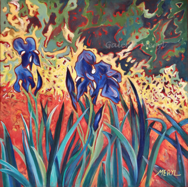 Peinture intitulée "Iris bleus au jardin" par Meryl, Œuvre d'art originale, Acrylique